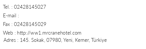 Mr Crane Hotel telefon numaralar, faks, e-mail, posta adresi ve iletiim bilgileri